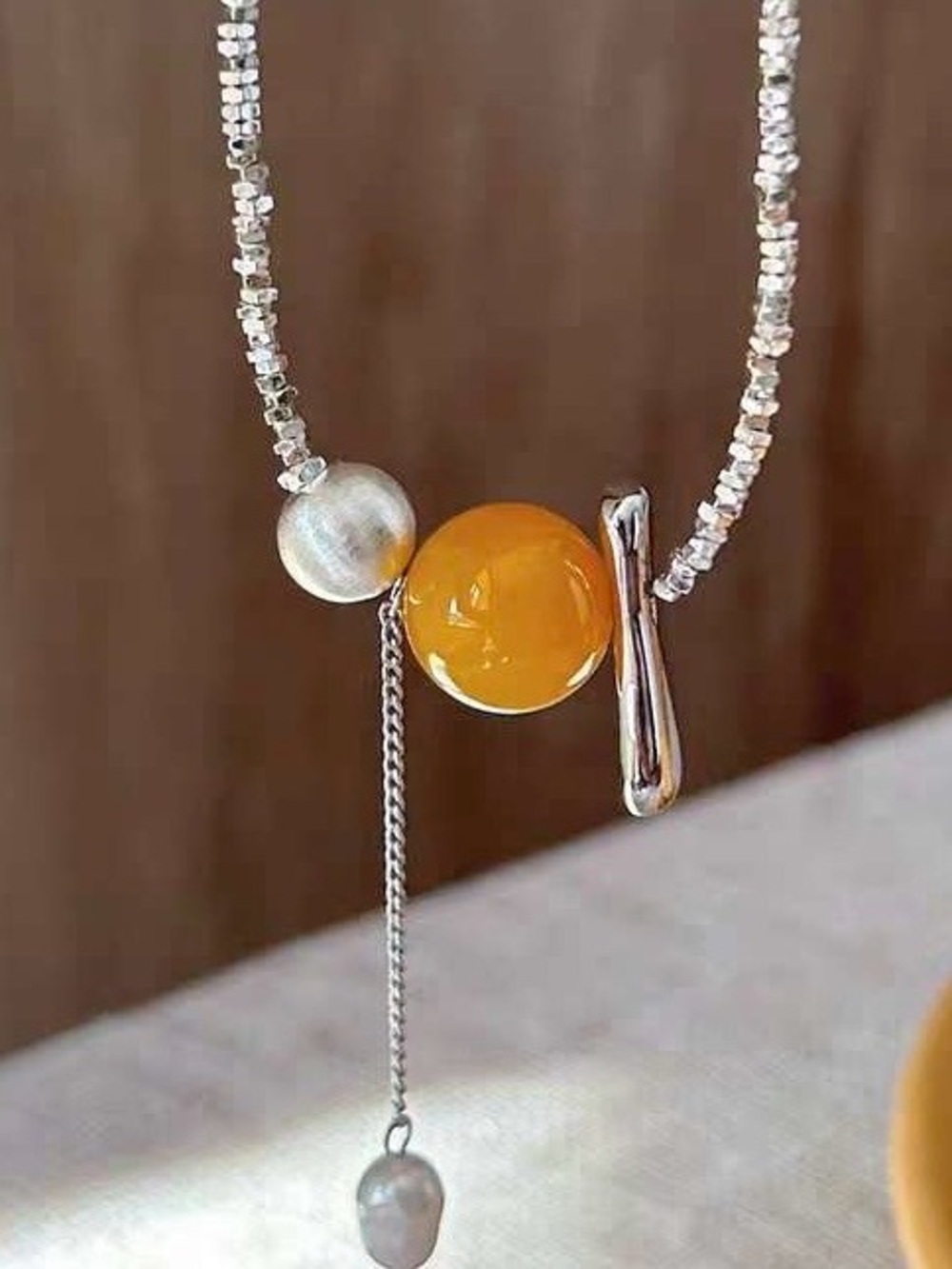 Silver Necklace with Amber Yellow Bead and Pearls - Women Jewelry